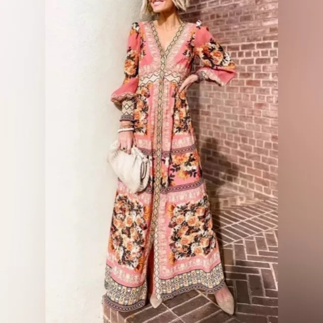 NWT Anthropologie Vineet Bahl Embroidered Bohemian Puff Sleeve Maxi Dress XS