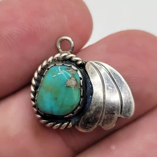 Vintage Navajo Sterling Silver Leaf Turquoise Pendant