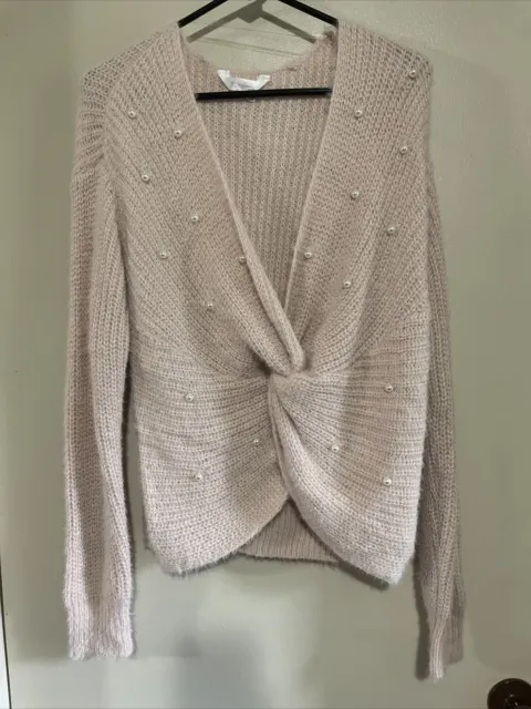 Deep Cut Open Pink Front Twist Knit Sweater Pearls Size Large Sexy Beautiful