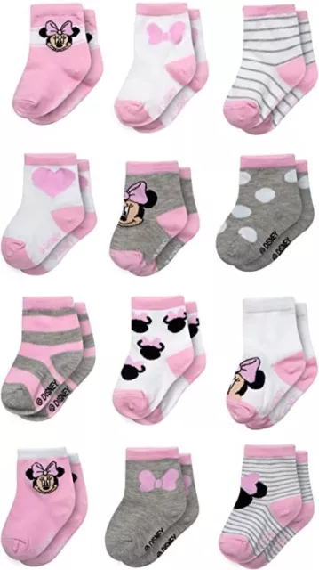 Disney Minnie Mouse 12 Pair Socks Set , Baby Girls Ages 0-24 Months