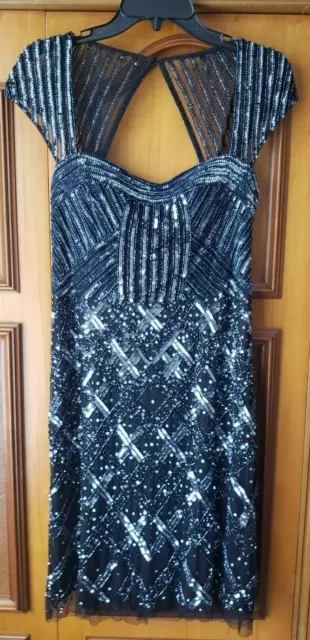 NWT Adrianna Papell Navy Sequins Beaded Sheath Prom Short Cocktail Dress Size 10