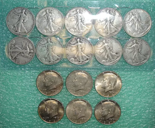 10 Walking Liberty + 6 Kennedy 1964 HALF DOLLARS 90% SILVER *FAST FREE SHIPPING