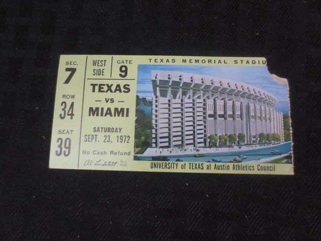 Texas Longhorns Football Ticket  VS Miami Hurricanes Sept 23, 1972