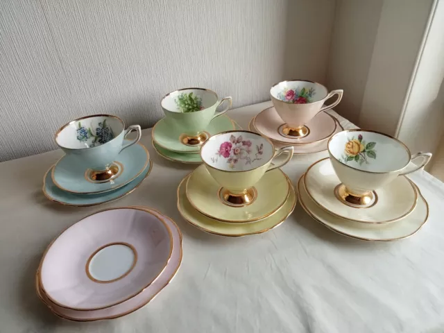 Vintage Clare bone china harlequin tea trios - cup saucers plates - 17 pieces