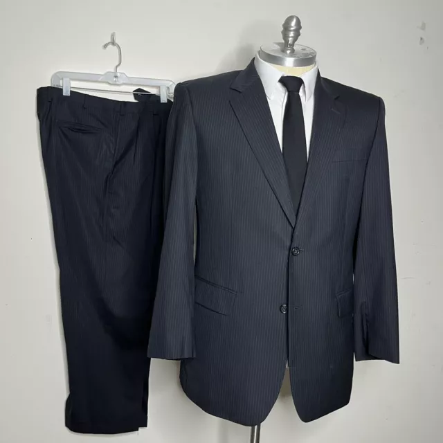 Jos A Bank Suit Mens Black Stripe 100% Wool 44L 36W