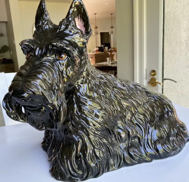 Vintage Ceramic Large Scottish Terrier Scottie Dog Statue Figurine W/ Glass Eyes