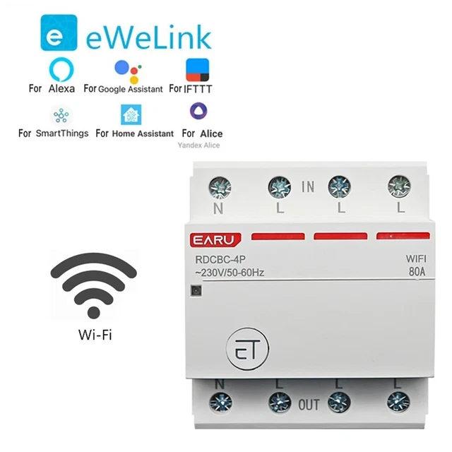 Disjoncteur WiFi Triphasé Intelligent 63A/80A - Télécommande App EWeLink, Minuterie, Scènes Smart Home, Rail DIN 3P+N 2.4GHz