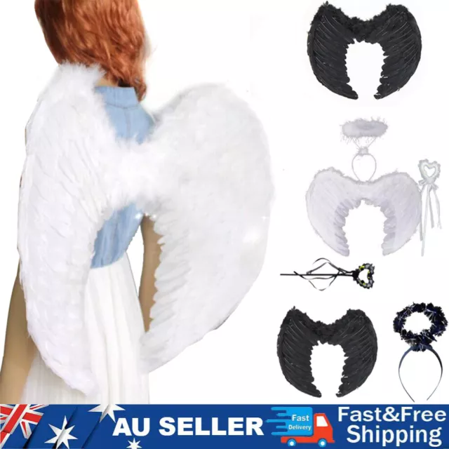 Feather Wings Black White Angel Fairy Adult Kids Fancy Dress Costume Halloween