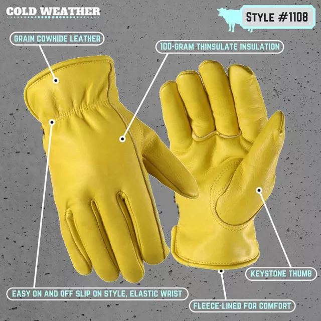 Yellow Leather Cow Hide Gloves Fleece Lined Safety Builders Truck Driver Lorry