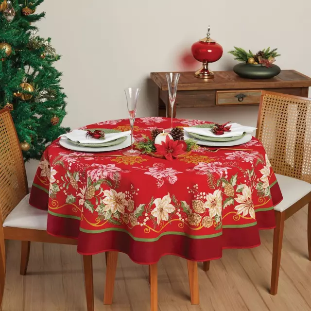 Christmas Tablecloth printed with pink Poinsettias and gold details