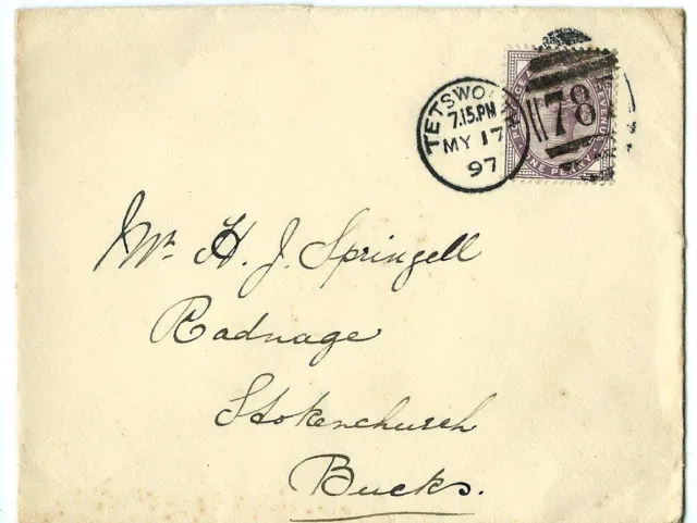 QV Cover Franked 1d lilac Cancelled Tetsworth 787 Duplex to Stokenchurch 1897