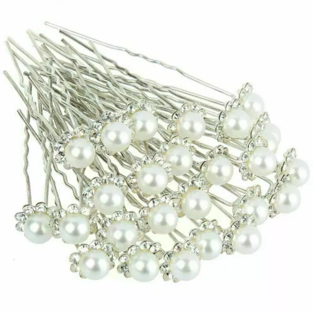 20 Pcs Pearl Flower Diamante Crystal Hair Pins Clips Prom Wedding Bridal Party