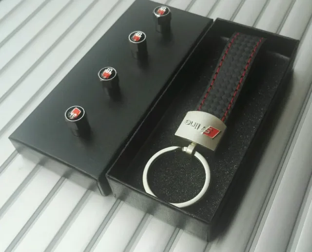 2023 AUDI S LINE Leather Key ring Key chain Fob + Tyre Valve Dust Caps Gift Box