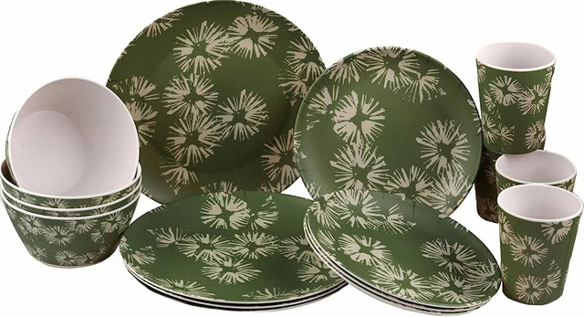 16Pc Melamine Dinner Set Plate Bowl Mug Picnic Camping Party Crockery Green