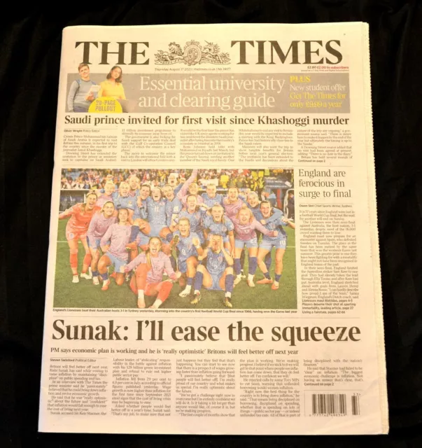 Times UK Newspaper 17/08/23 August 17th 2023 England Women in World Cup Final!