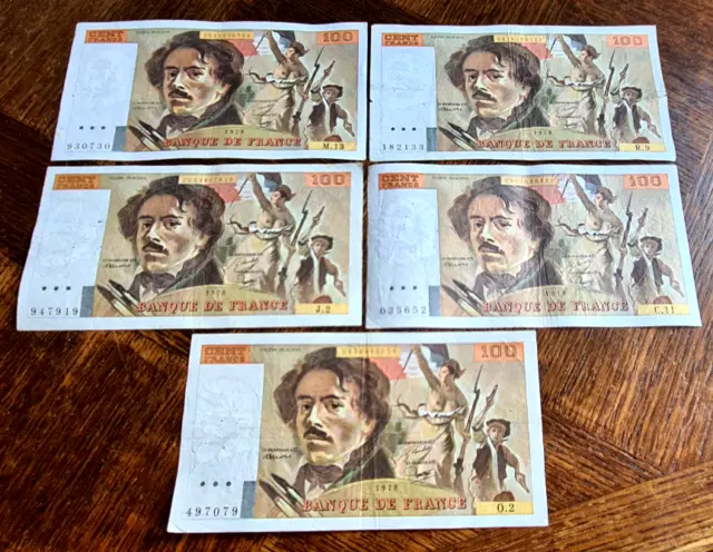 France - Lot de 5 Billets de 100 Francs Delacroix - Etat de Circulation