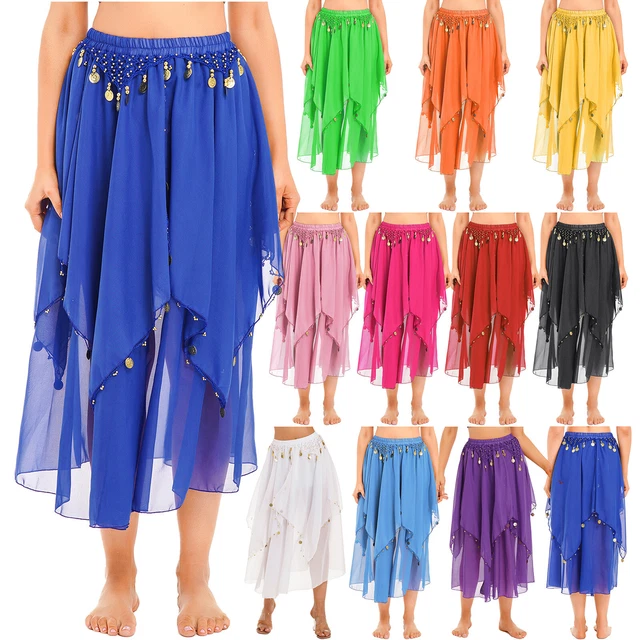 Womens Chiffon Belly Dance Skirt Sequins Beaded Irregular Side Split Skirts Long