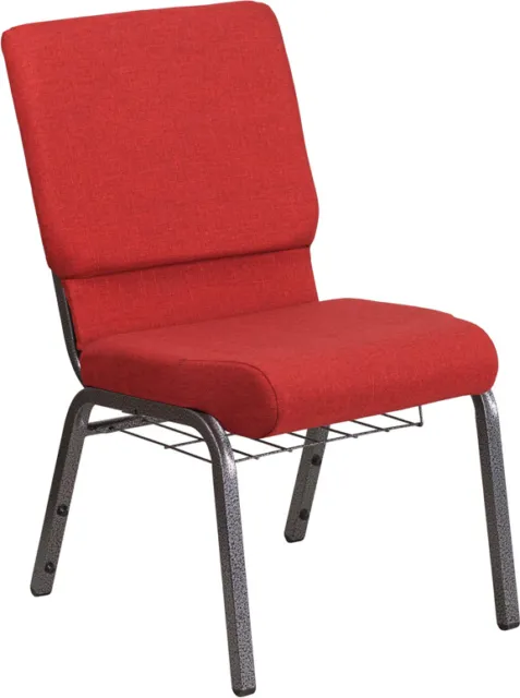 10 PACK 18.5'' Wide Red Fabric Church Chair with Book Rack and Silver Vein Frame