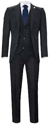 Mens Black 3 Piece Tweed Suit Herringbone Wool Vintage Retro Peaky Blinders