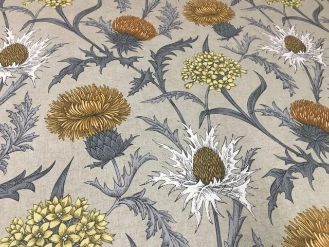 Thistle Soft Grey/Ochre Floral Cotton Curtain Blind Craft Fabric