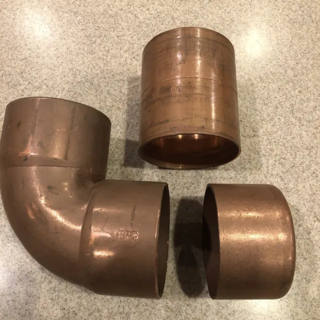 (3pc) 2 1/2" Copper Fittings, 90 Degree  Elbow, Coupling & Cap all sweat 2-1/2”
