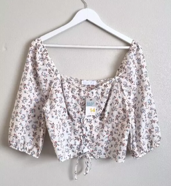 Primark Crop Cropped Top Womens Size 14 Ditsy Floral Puff Sleeve BNWT