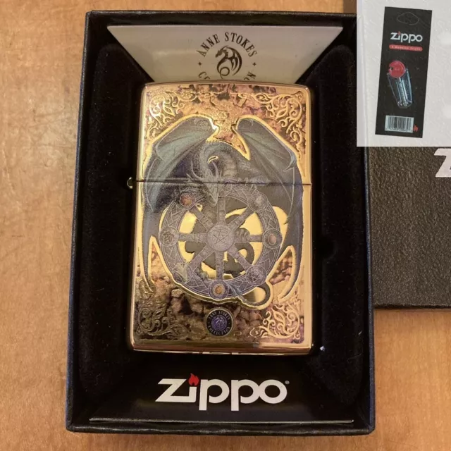 Zippo 99575 Anne Stokes Dragon Fusion High Polish Brass Lighter + FLINT PACK