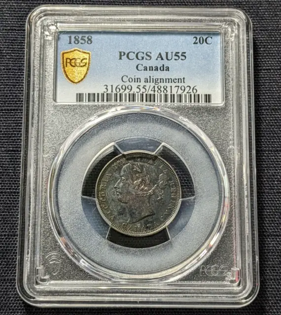 1858 Canada 20 Cents Silver Coin Graded PCGS AU55 Coin Alignment Almost UNC