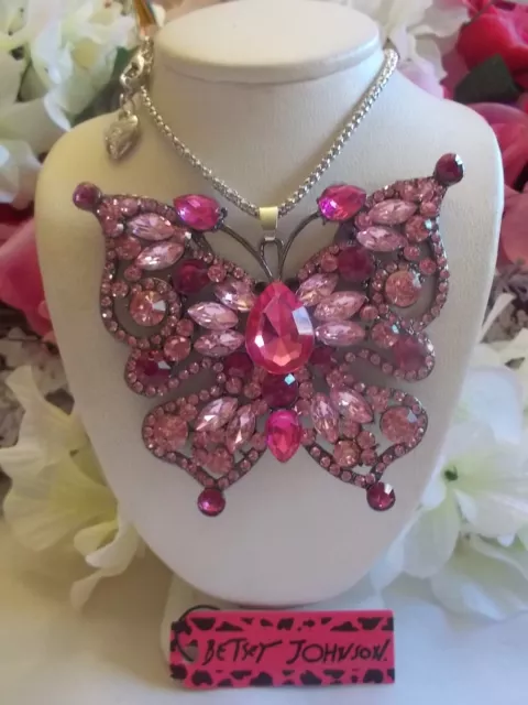 Betsey Johnson Large Mixed Pink Crystal & Rhinestone Butterfly Pendant Necklace 3