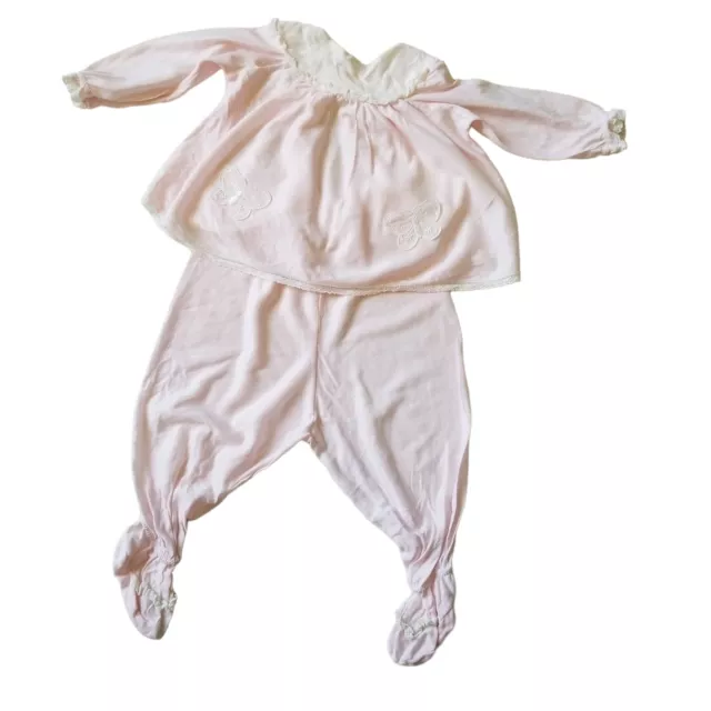 Vintage Baby Girl 0-3 Months Dress & Footie Pants Outfit Light Pink Butterfly