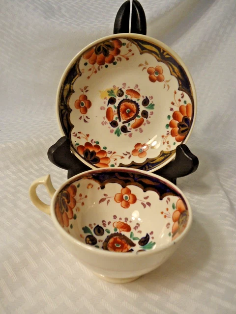 Colorful Antique Staffordshire Gaudy Welsh Cup & Saucer Grapes c. 1840
