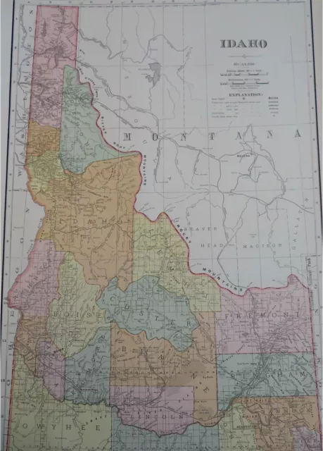 Idaho state by itself Laramie Bitterroot Mountains 1902 Rand McNally large map