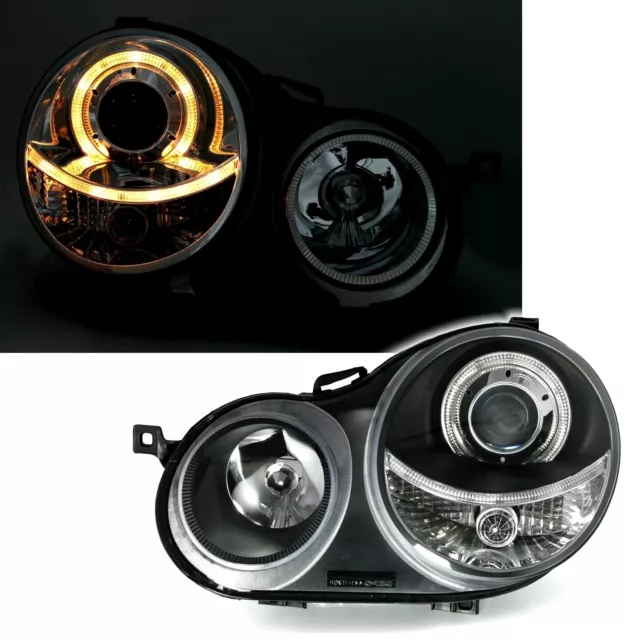 DEPO Angel Eyes Scheinwerfer Set + LWR für VW POLO 9N 8/01-6/05 in Schwarz