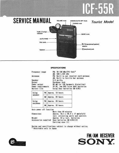 MANUEL D'ENTRETIEN SONY Icf-55R Inc Schéma Diagramme En Anglais