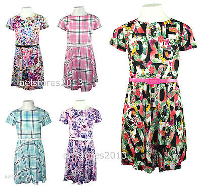 Girls Floral Skater Dress Chequered Graffiti Pattern Belted Summer 7-13 Years