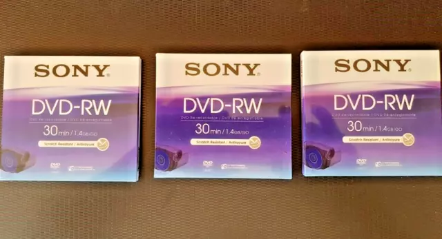 3 Sony 8cm DVD-RW wiederbeschreibbar für Videokamera 1,4GB 30min. Brandneu/Versiegelt