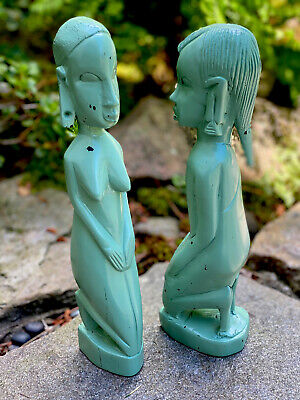 Vintage 2 Ebony Wood Carved African Tribal Statues Figure Kneeling Woman & Girl