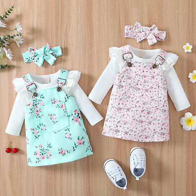 Infant Girls Long Sleeve Ribbed Romper Floral Suspenders Skirt Headbands Outfits