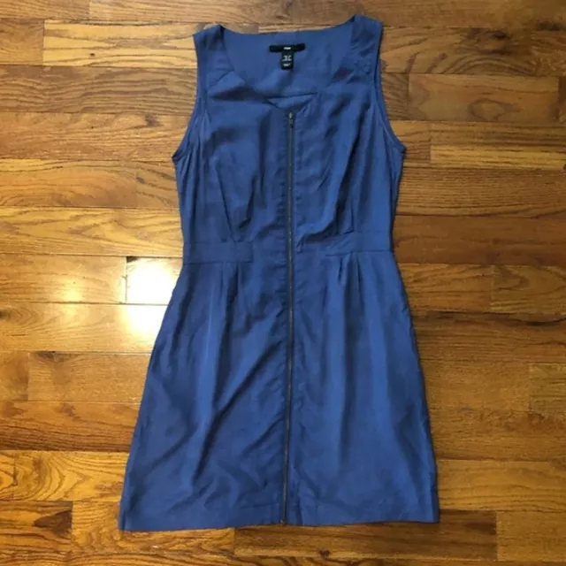 H&M Dark Blue 100% Silk Zip Front Dress With Pockets Women's Size 6