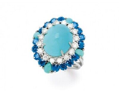 Halo Cluster Ring Sleeping Beauty Turquoise and Diamond 14k White Gold Over