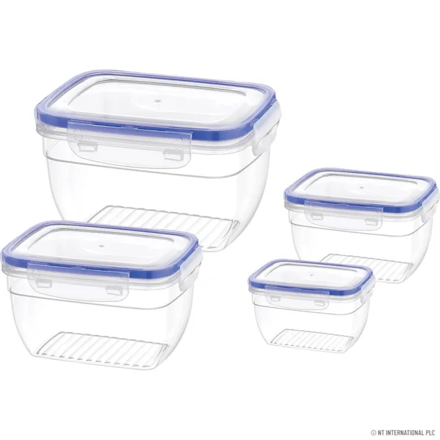 Set Of 4 Rectangular Container Storage Lock Caps Lid Lunch Box Organiser Clear
