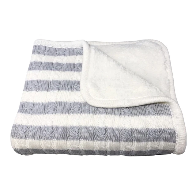 EFFE BEBE Cable Knit ~ Soft Sherpa Baby Blanket 30x40 Striped Light Gray COTTON