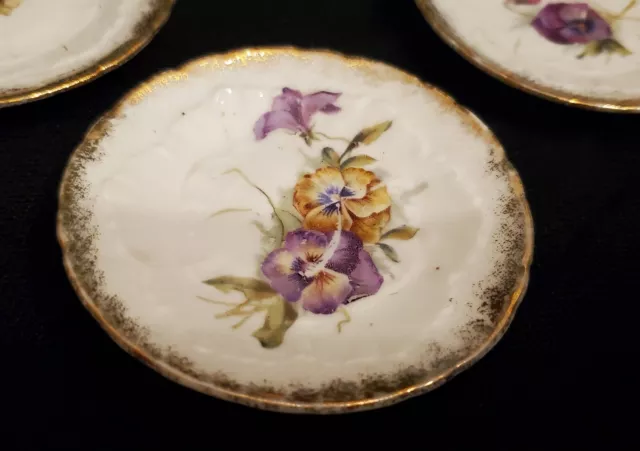 3 Antique Floral Butter Pats White Gold Trim 3" Pansy Design Scalloped Edge 2