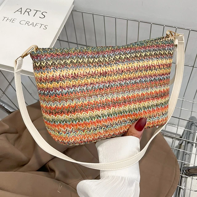 Women Crossbody Bag Straw Satchel Bags for Summer Travel (Yellow multicolour) FS