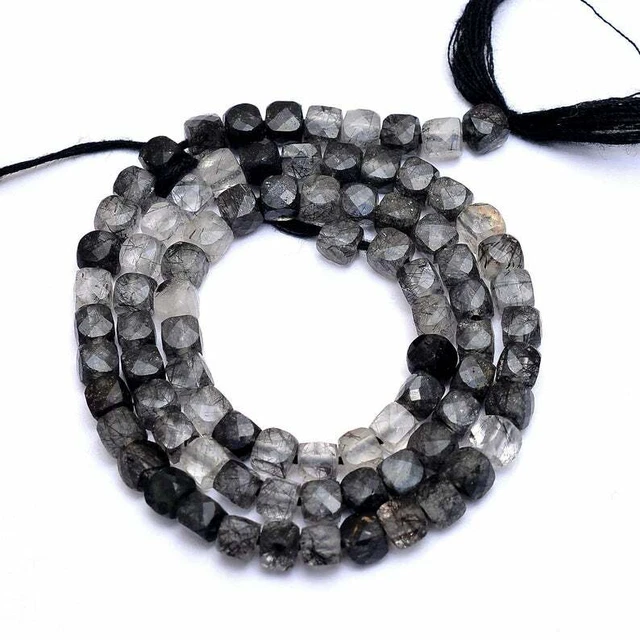 AAA Noir Rutile Quartz Gemme 4mm 3D Cube Boîte Briolette Facettes Perles 33cm