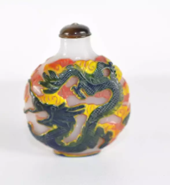 Antike Schnupftabakflasche snuff-bottle Glasflacon Drache Überfangglas China