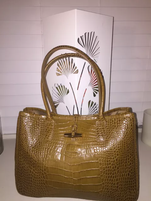 Longchamp Roseau Honey Tan Crocodile Embossed Leather HandBag Satchel
