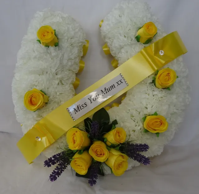 Artificial Silk Funeral Flowers Yellow Horseshoe Grave Tribute Memorial Mum, Dad