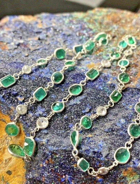 Natural Emerald and Diamond by the Yard Solid Platinum 16-18" Necklace Natural Emerald and Diamond by the Yard Solid Platinum 16-18" Necklace