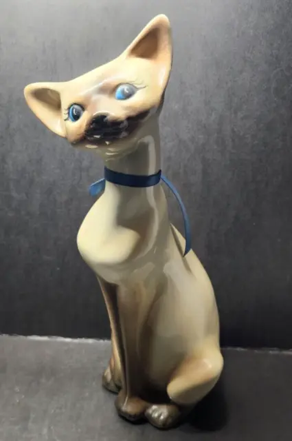 Vnt Mid Century Stunning Blue Eye Siamese Cat Figurine Hand-painted Signed 13.5"